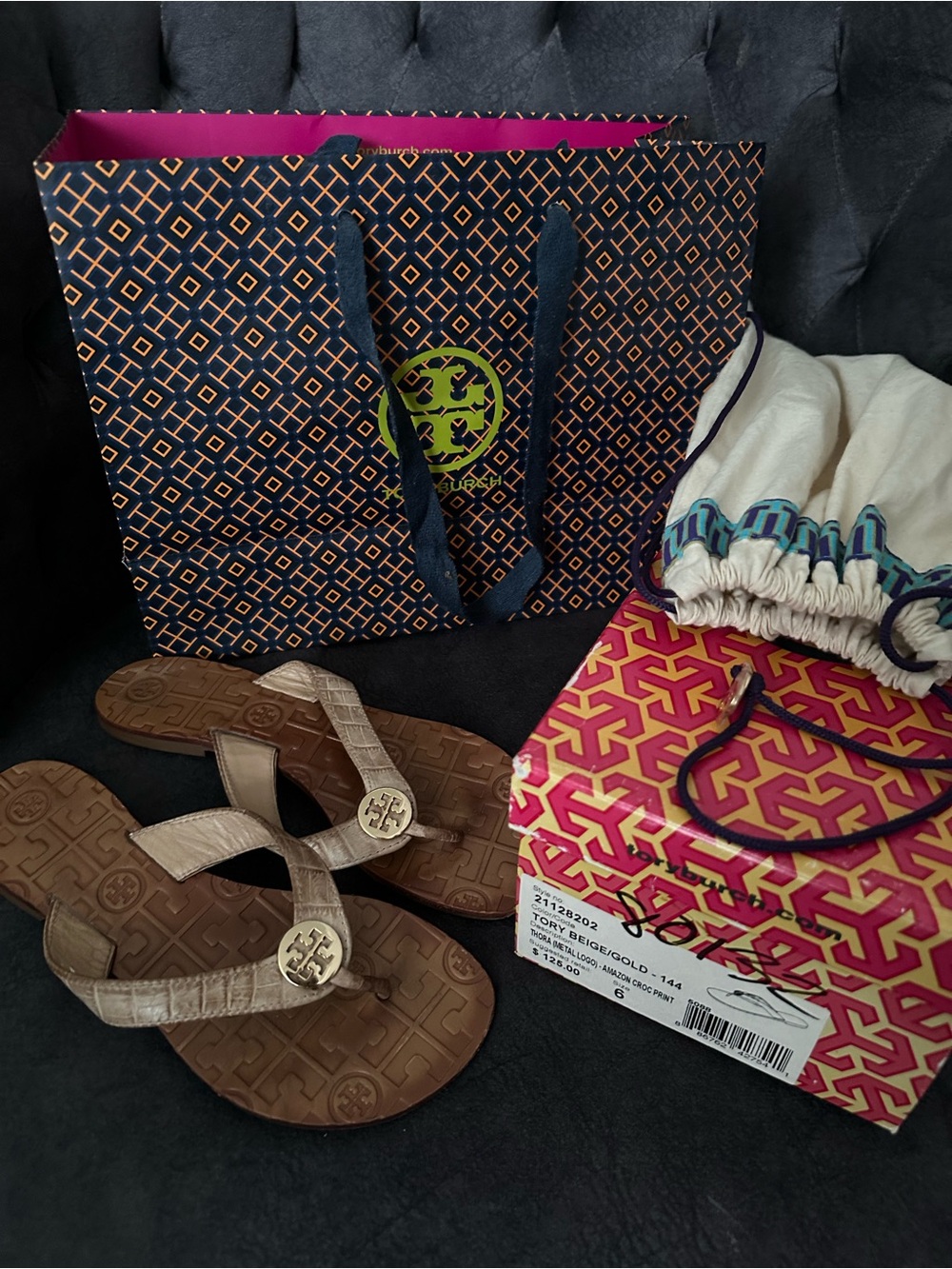 Tory Burch Thora Beige and Gold Thong Sandal